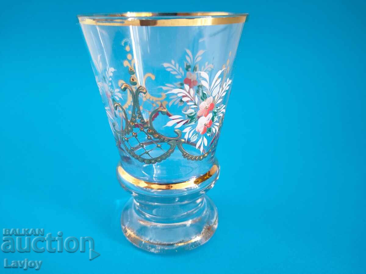 Auction  Old glass vase, gold rim, hand-painted
