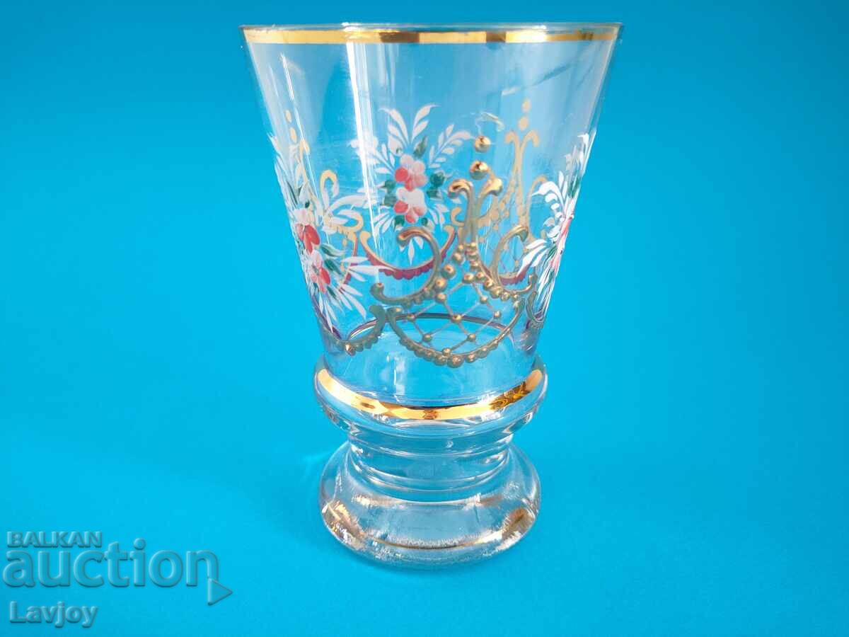 Old glass vase, gold rim, hand-painted