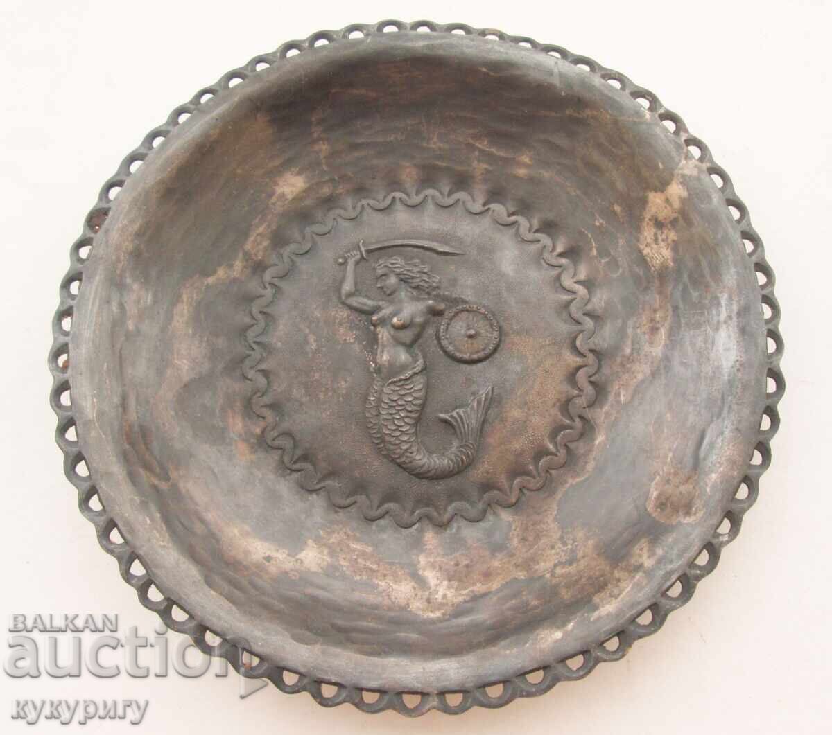 Auction Old handmade metal wall plate with a mermaid Auction Old handmade metal wall plate with a mermaid