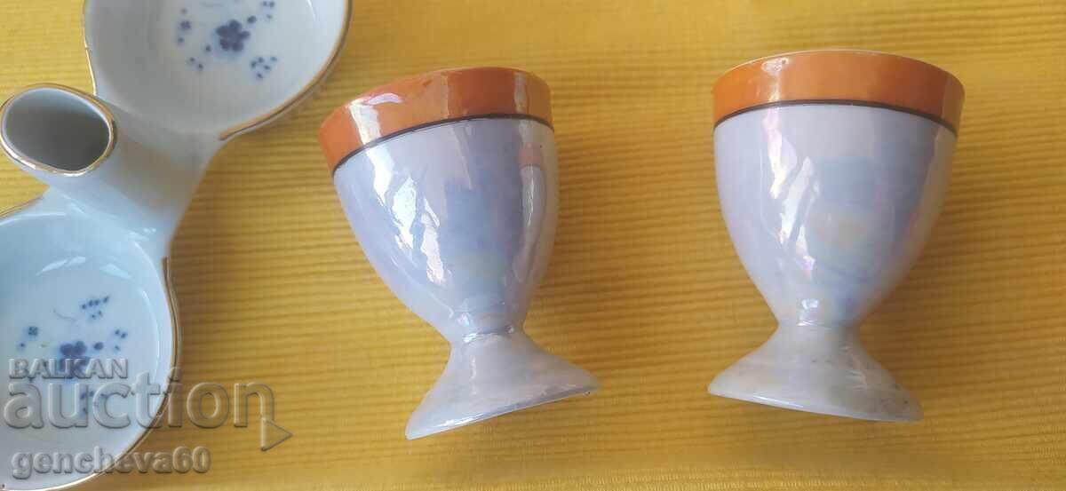 Антикварна порцеланова солница Вида и чашки за яйца - 5