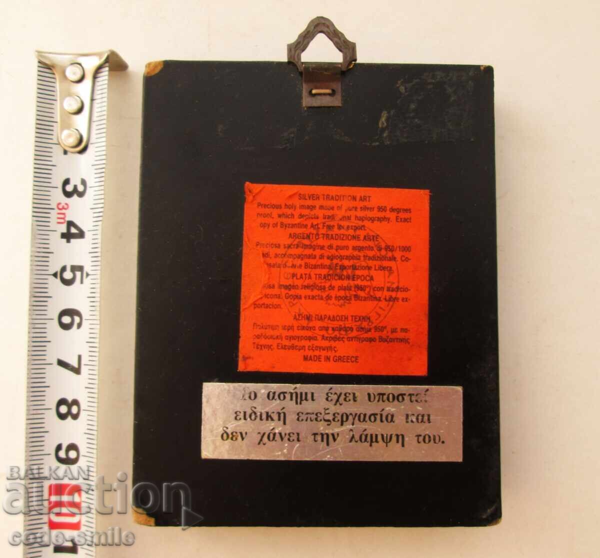 Παράδοση Χειροποίητη Ελληνική εικόνα με ασημένια επένδυση Παναγία με το Θείο Βρέφος