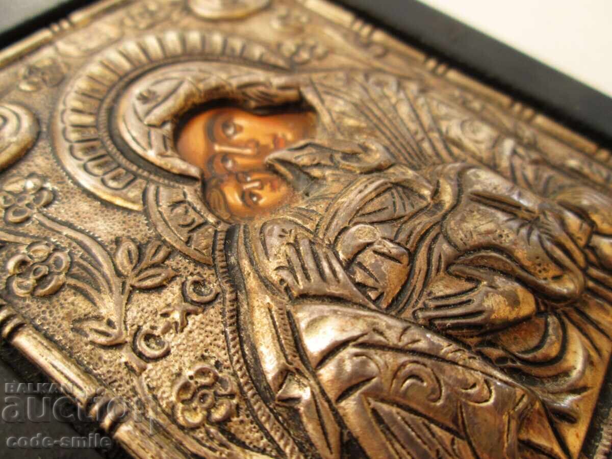 Χειροποίητη Ελληνική εικόνα με ασημένια επένδυση Παναγία με το Θείο Βρέφος - 6