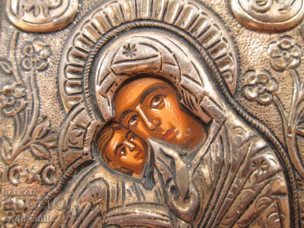 Χειροποίητη Ελληνική εικόνα με ασημένια επένδυση Παναγία με το Θείο Βρέφος - 7