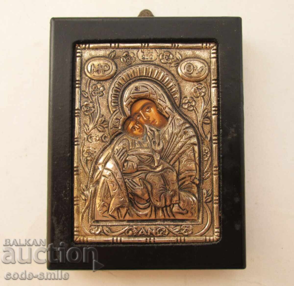 Χειροποίητη Ελληνική εικόνα με ασημένια επένδυση Παναγία με το Θείο Βρέφος