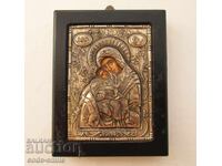 Hand-painted Greek icon, silver casing, Virgin Mary with the Child