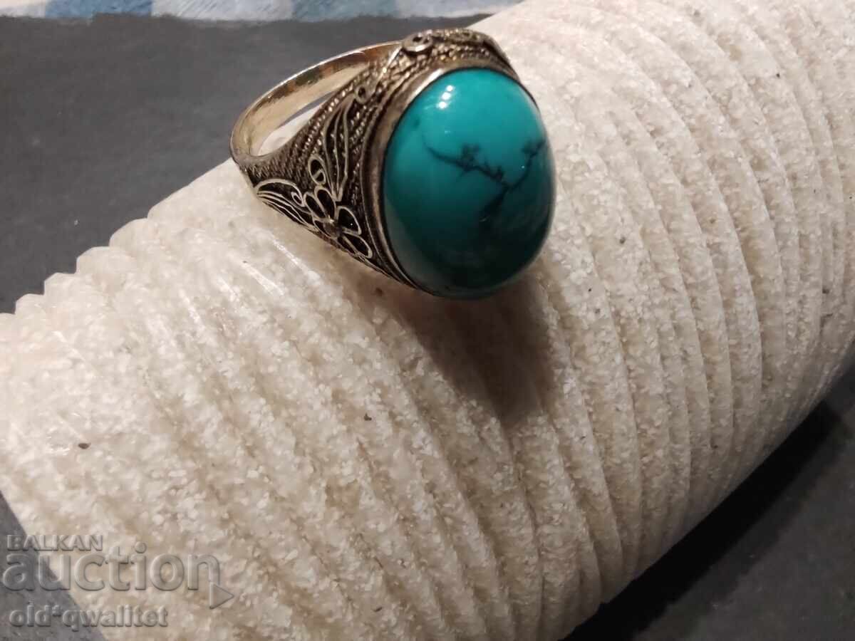 Inel de argint filigranat neobișnuit, Turcoaz natural cu preț 357.00 BGN | € 182.53