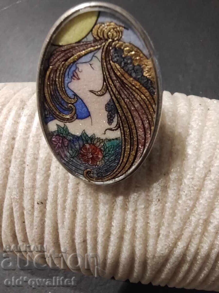 Аукцион Необикновен сребърен пръстен, изкуство ест. Камъни, рисуван