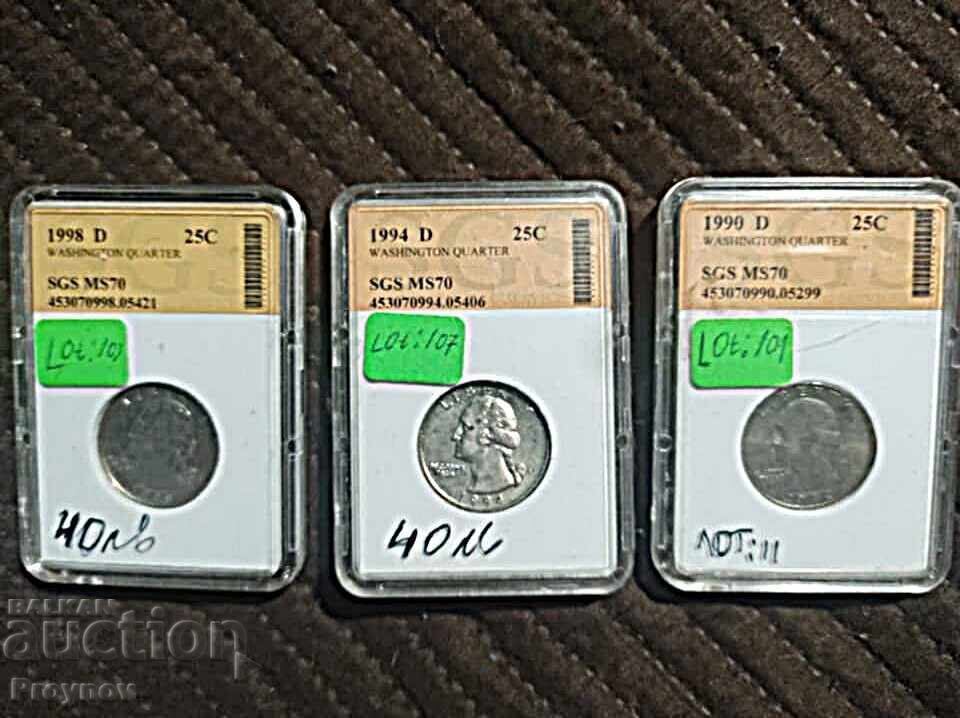 Lot: 3 buc. 25 cenți 1990 D-1994 D-1998 D -MS 70