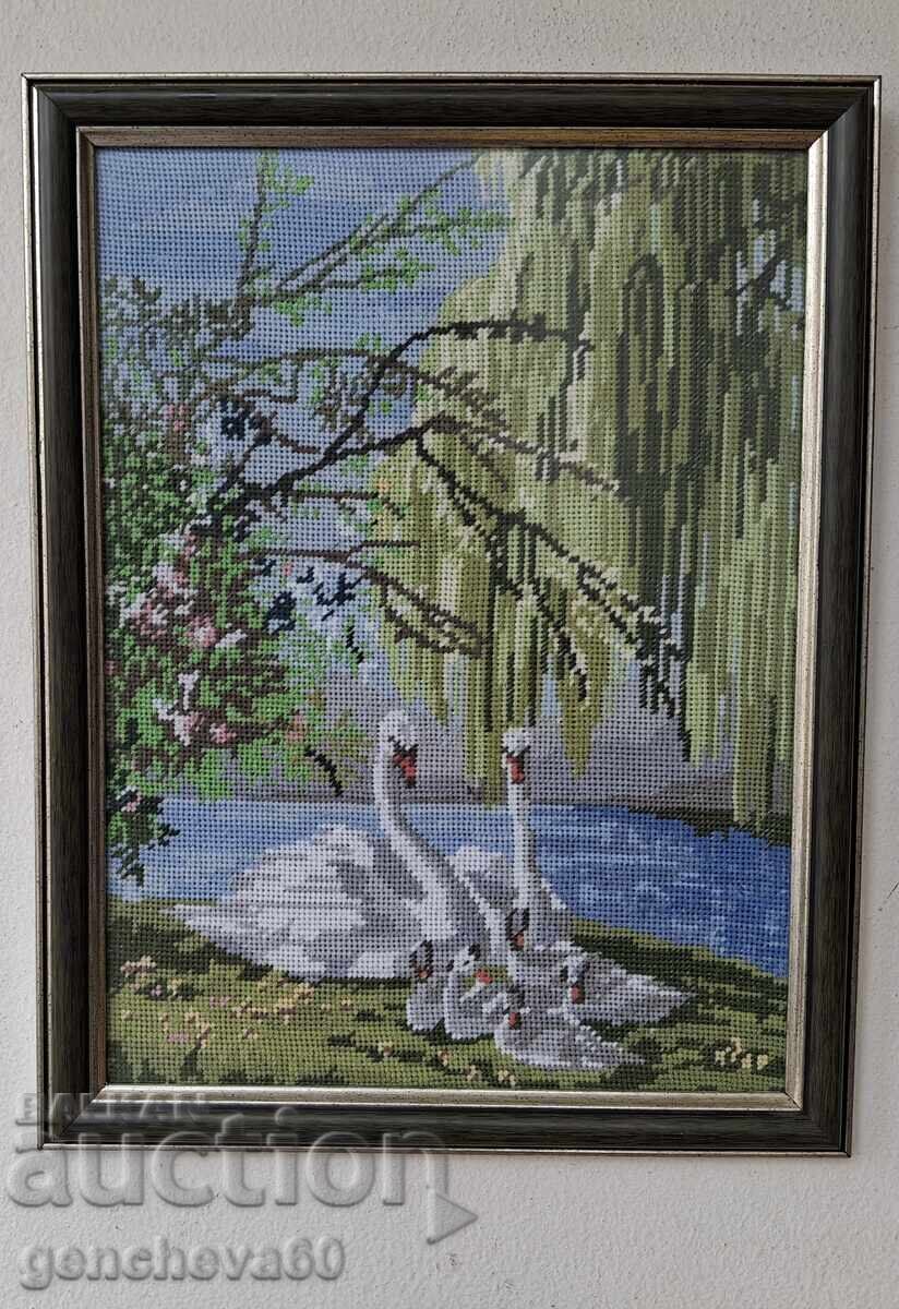 Licitație Goblen frumos „Pereche de lebede”, sticlă și ramă