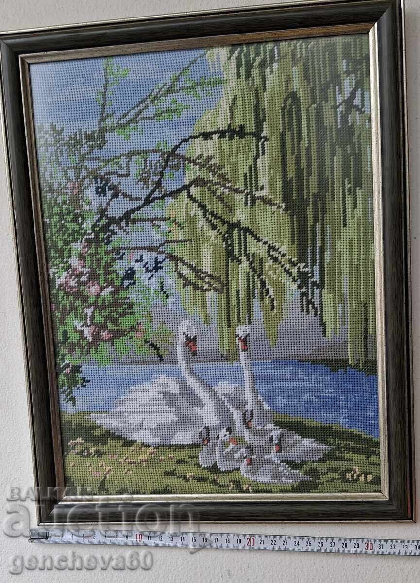 Παράδοση Όμορφο γοβελίνι, "Κύκνοι" κέντημα, γυαλί, κορνίζα