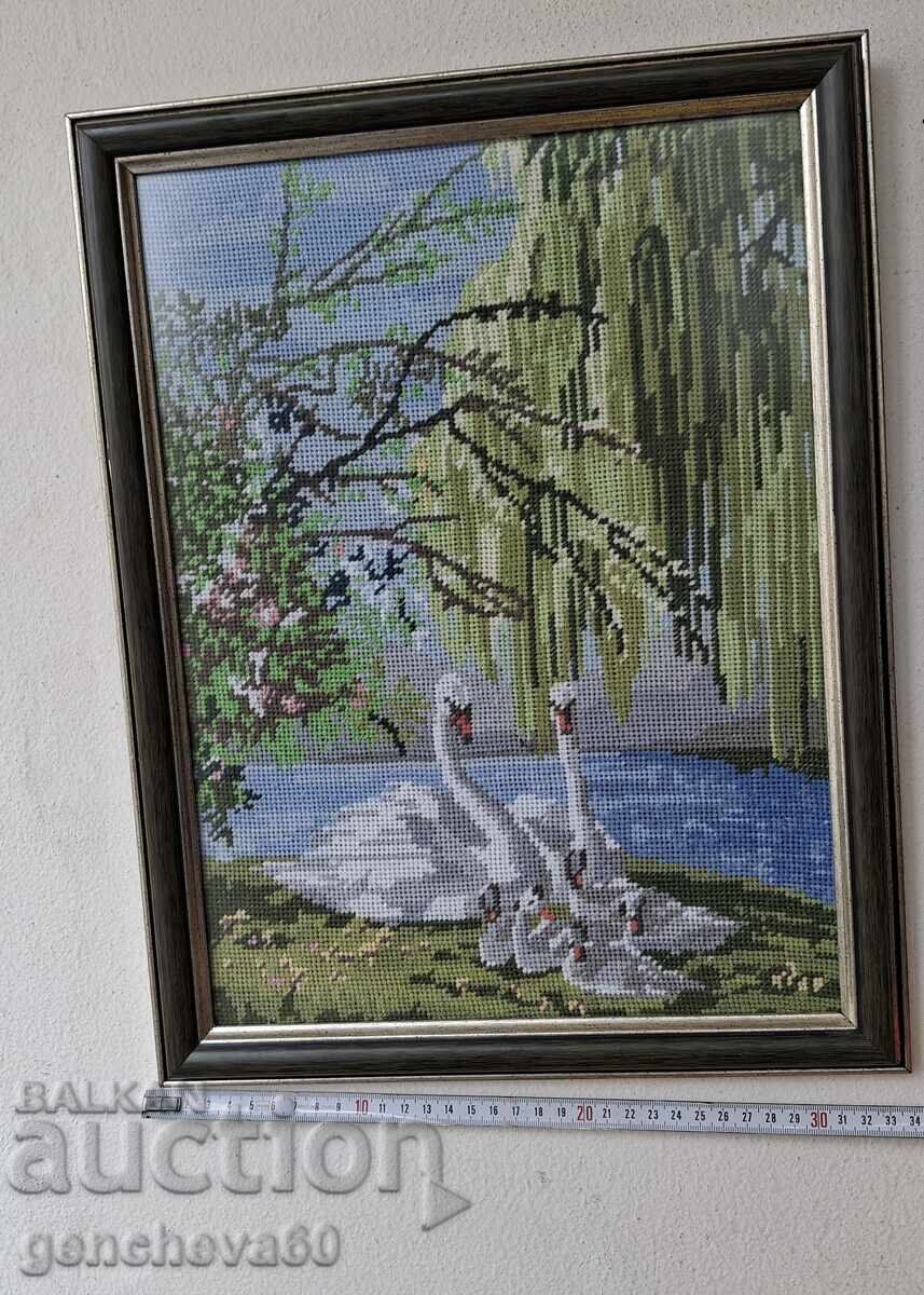Όμορφο γοβελίνι, "Κύκνοι" κέντημα, γυαλί, κορνίζα - 5