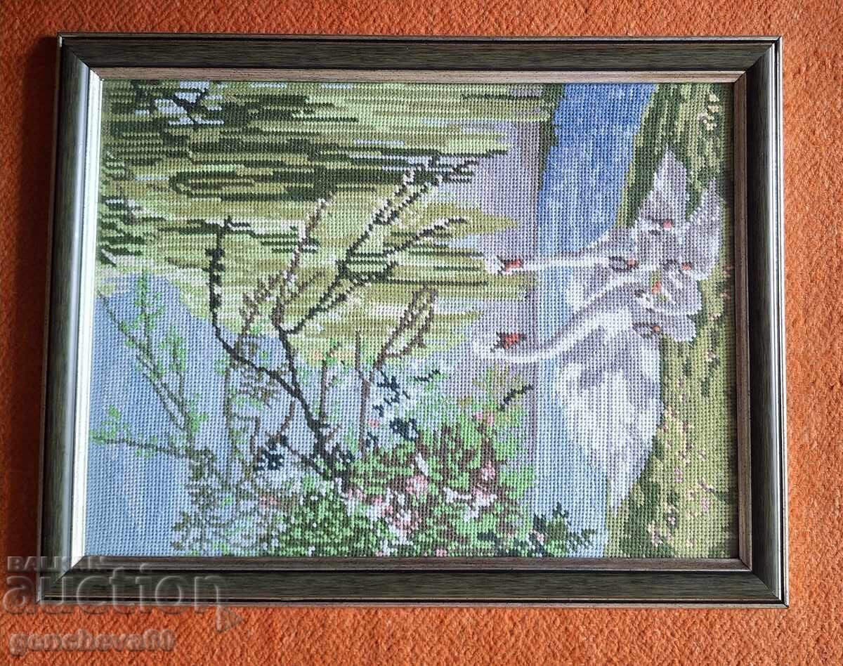 Όμορφο γοβελίνι, "Κύκνοι" κέντημα, γυαλί, κορνίζα - 6