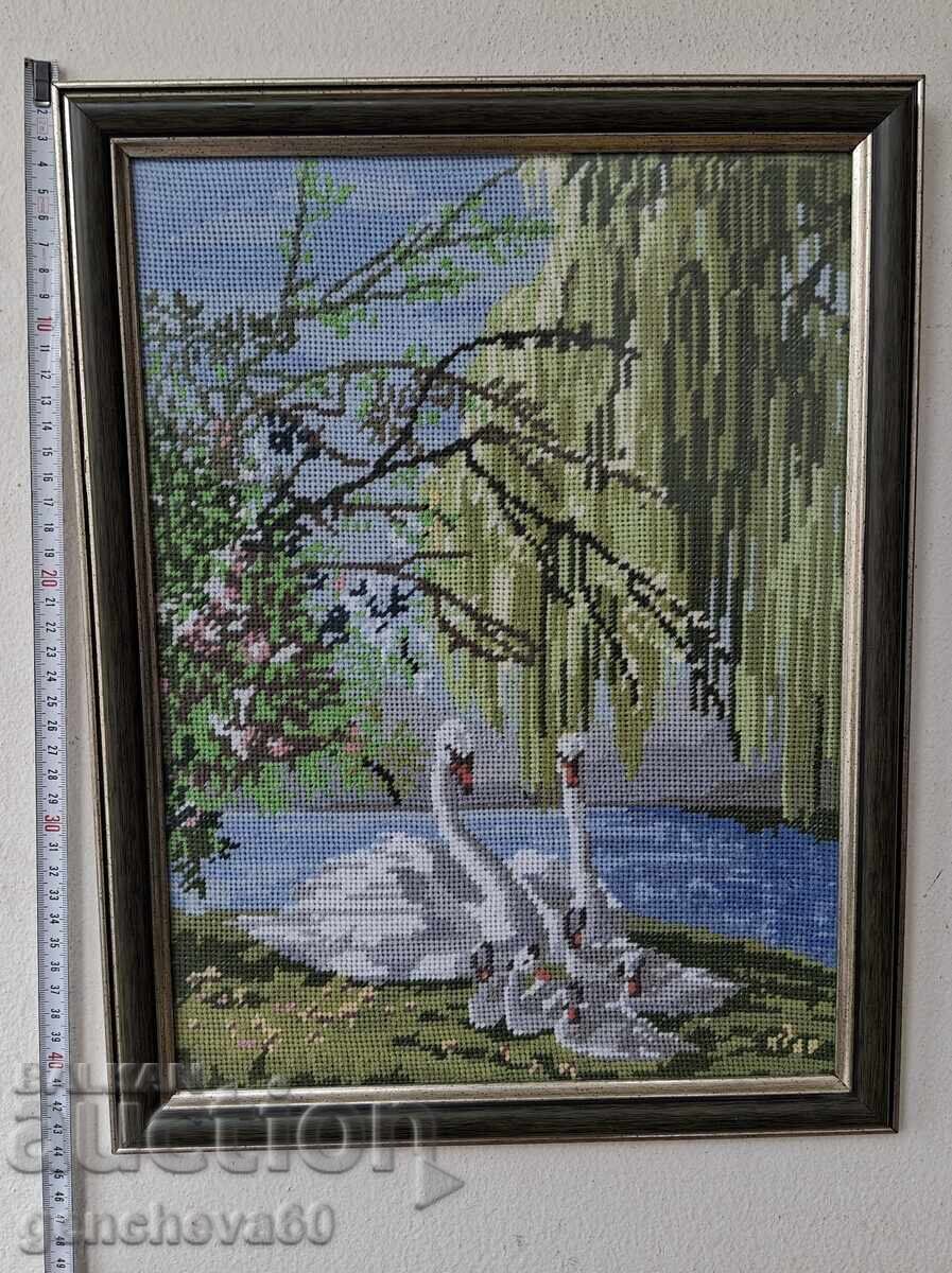 Goblen frumos „Pereche de lebede”, sticlă și ramă