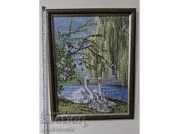 Beautiful tapestry, "Swans" embroidery, glass, frame