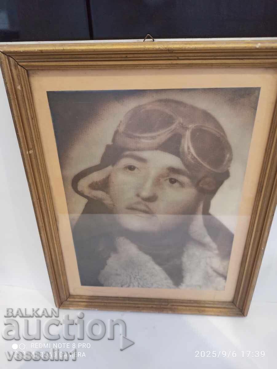 Old framed photo of a military pilot, aviator, fighter aviation