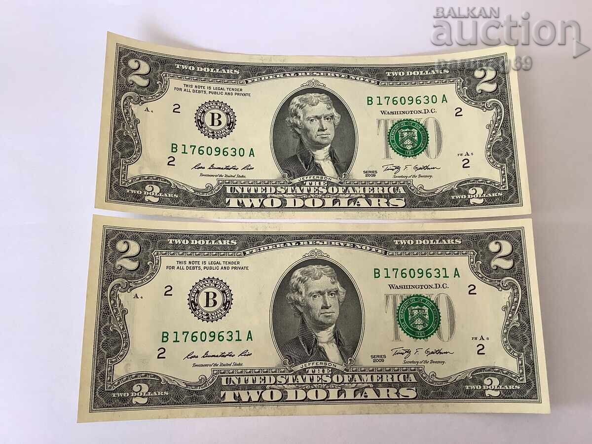 USA 2 Dollar 2009 UNC with consecutive serial numbers, 2 pieces USA 2 Dollar 2009 UNC with consecutive serial numbers, 2 pieces
