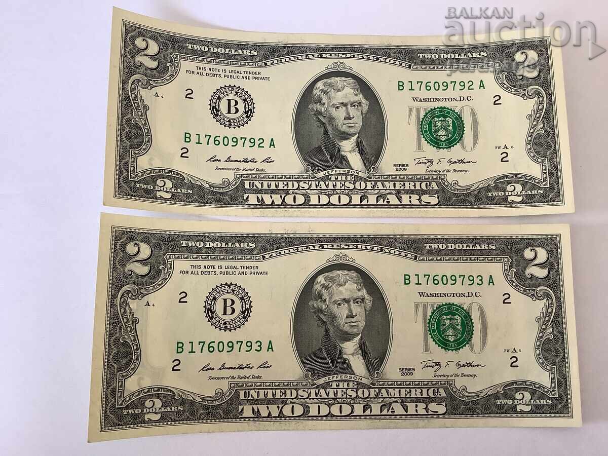 USA 2 Dollar 2009 UNC with consecutive serial numbers, 2 pieces USA 2 Dollar 2009 UNC with consecutive serial numbers, 2 pieces
