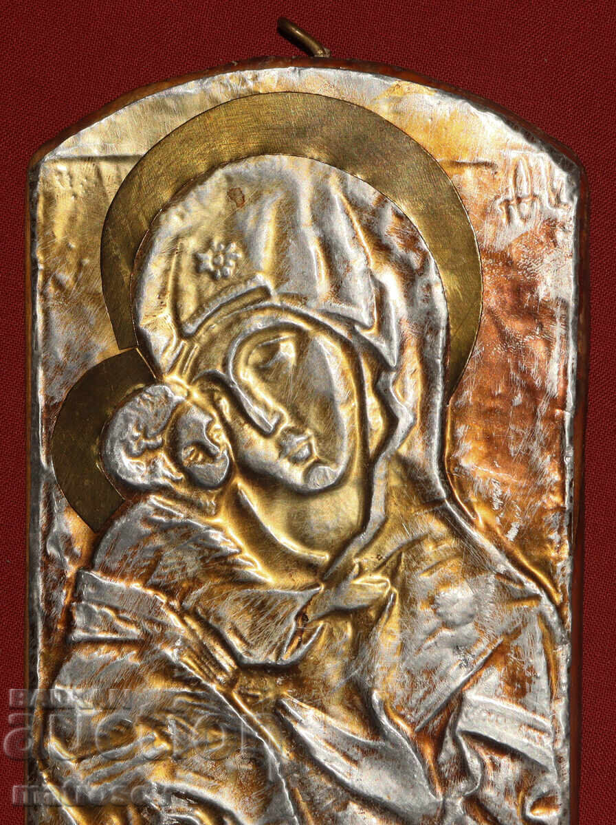 Licitație Icoană metalică lucrată manual, Maica Domnului cu Pruncul