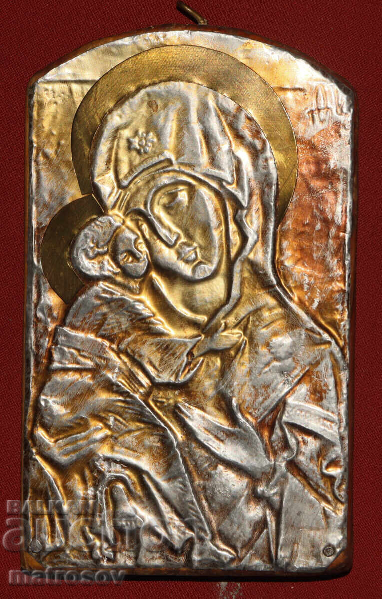 Icoană metalică lucrată manual, Maica Domnului cu Pruncul