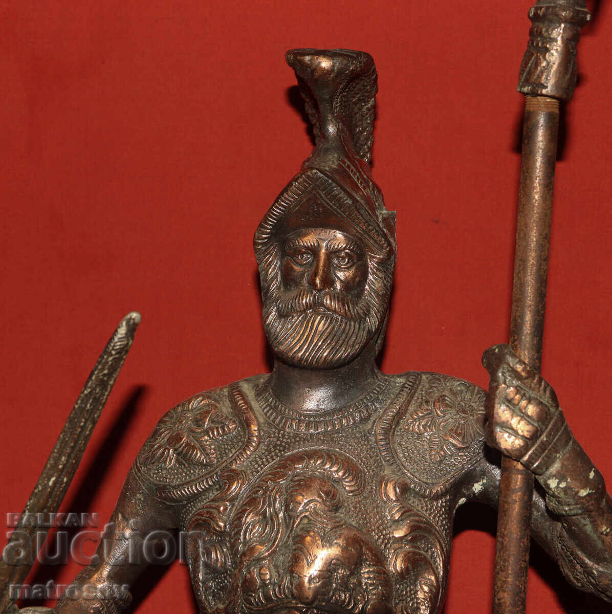 Auction Large 85 cm copper sculpture of a warrior with a spear and sword Auction Large 85 cm copper sculpture of a warrior with a spear and sword