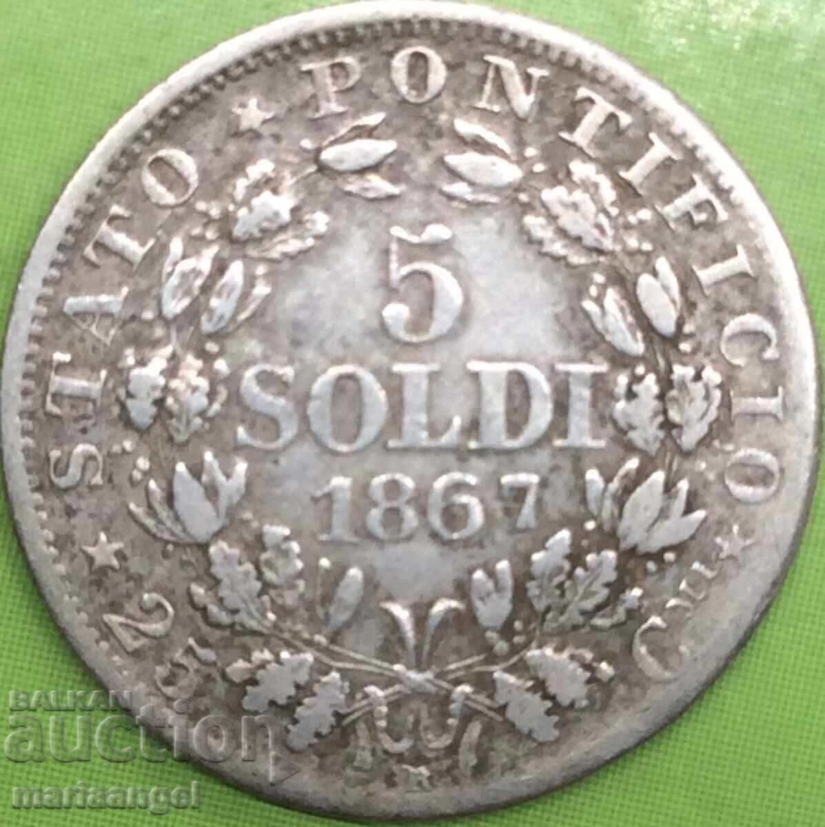 5 Soldi 1867 Vatican Pius IX Patina Silver - RARE Patina - 5