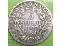 5 Soldi 1867 Vatican Pius IX Patină Argint - Patină RARĂ