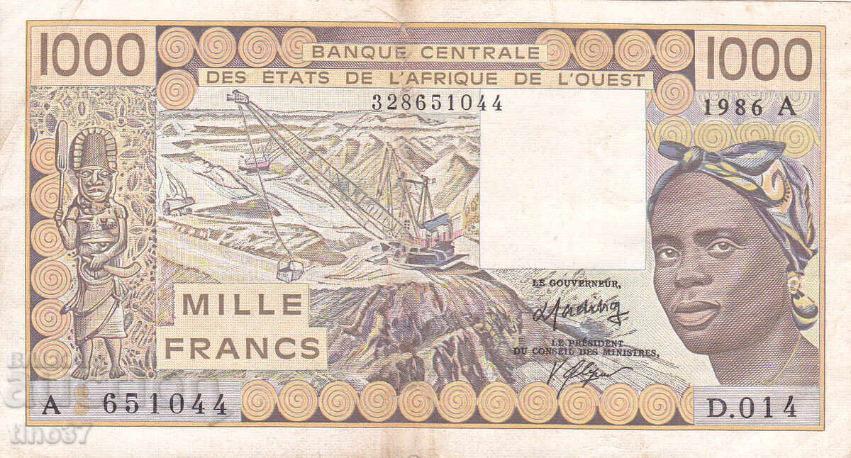 tino37- ΔΥΤΙΚΗ ΑΦΡΙΚΗ /ΚΟΤ ΝΤ'ΙΒΟΥΑΡ/ - 1000 ΦΡΑΓΚΑ - 1986 με τιμή 18.90 BGN | € 9.66