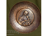 Plachetă de cupru basorelief cupă Maica Domnului cu Pruncul