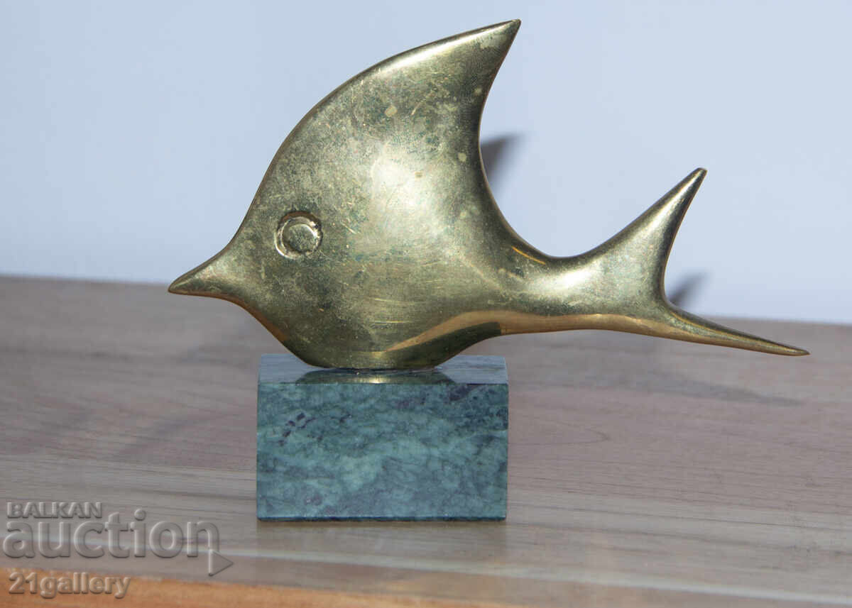 Αυθεντικό μπρούτζινο γλυπτό, πλαστικό στυλιζαρισμένο ψάρι - 5