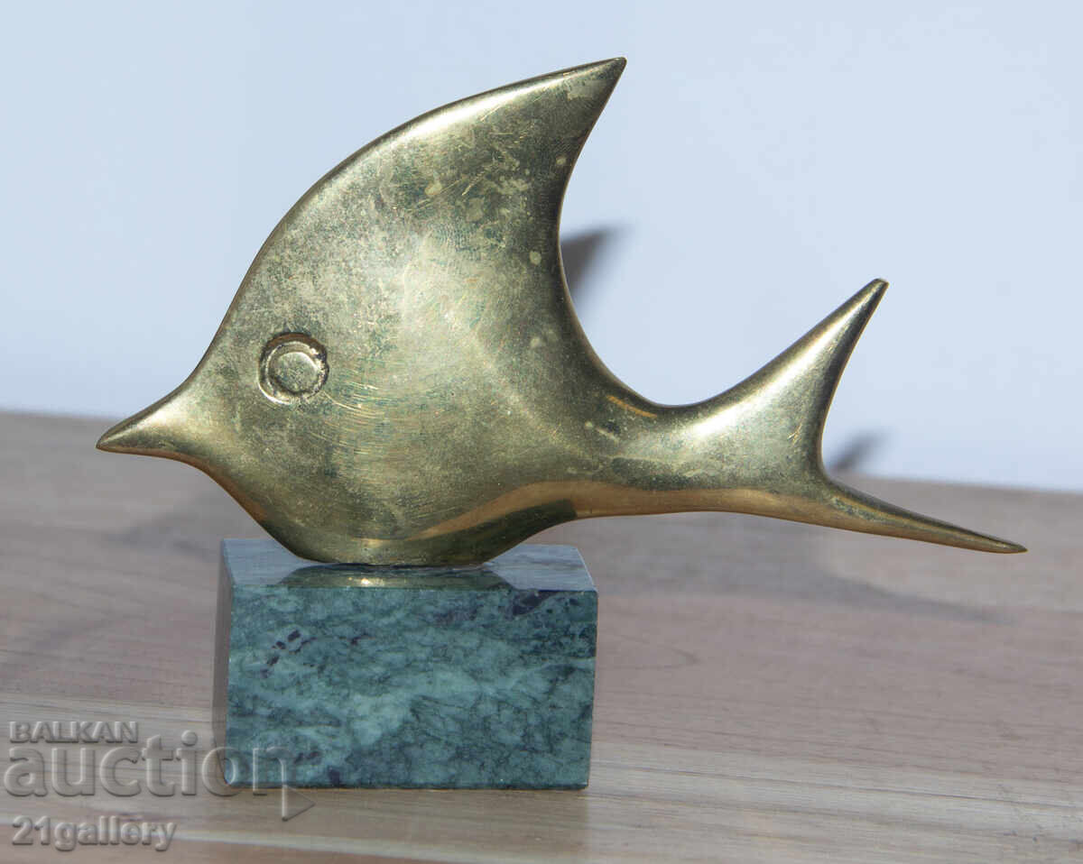 Αυθεντικό μπρούτζινο γλυπτό, πλαστικό στυλιζαρισμένο ψάρι - 6