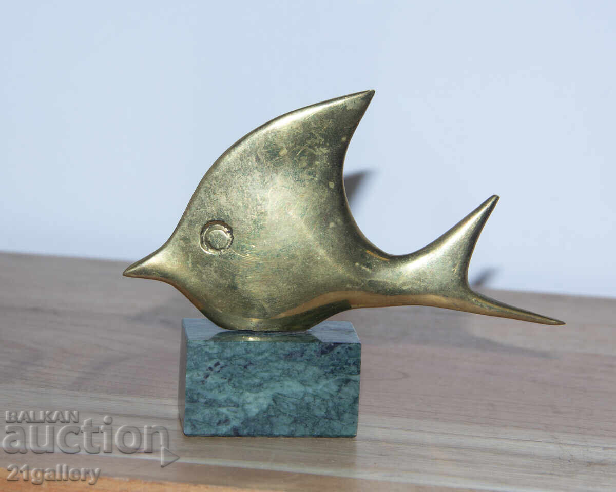 Αυθεντικό μπρούτζινο γλυπτό, πλαστικό στυλιζαρισμένο ψάρι - 7