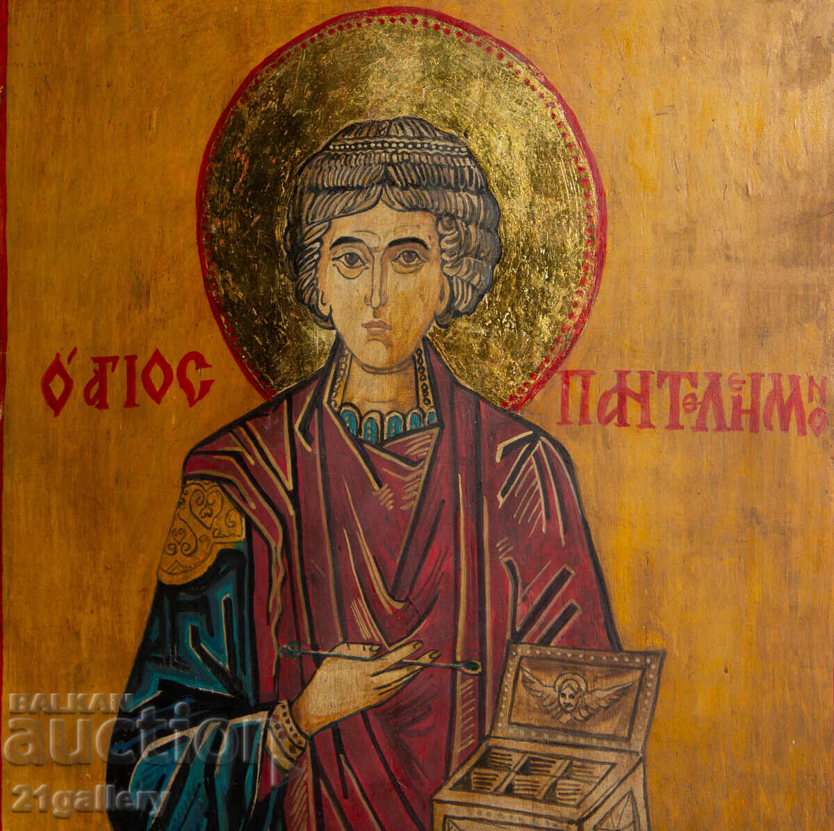Delivery of Saint Panteleimon, hand-painted icon, tempera