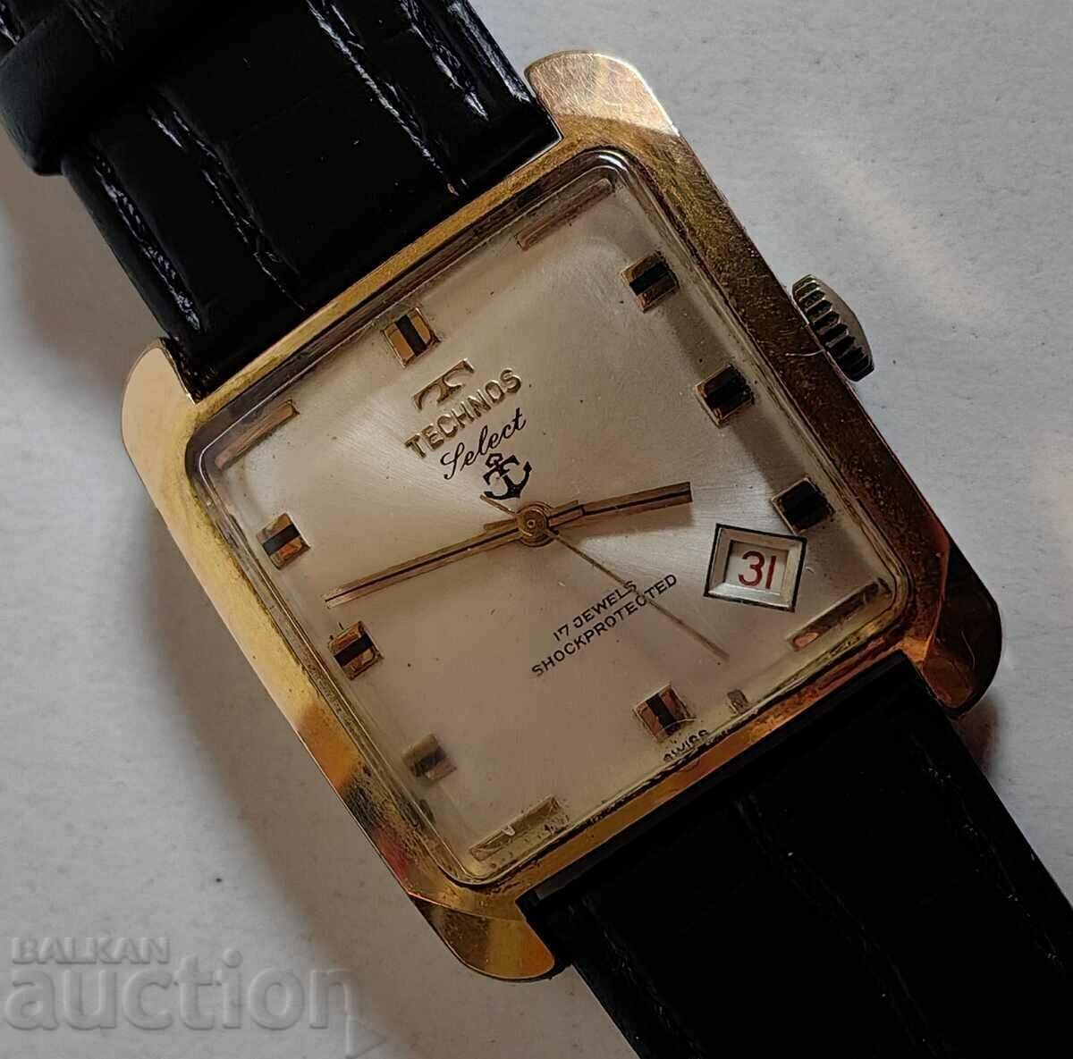 RARE TECHNOS SELECT SWISS LARGE GOLD MEN'S WATCH