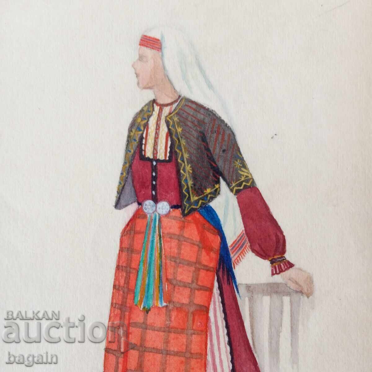 Costum popular Rodopi, acuarelă cu preț 135.00 BGN | € 69.02