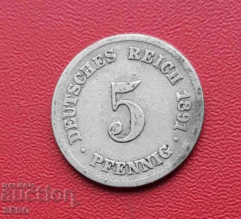 Германия-5 пфенига 1891 F-Щутгарт-малък тираж
