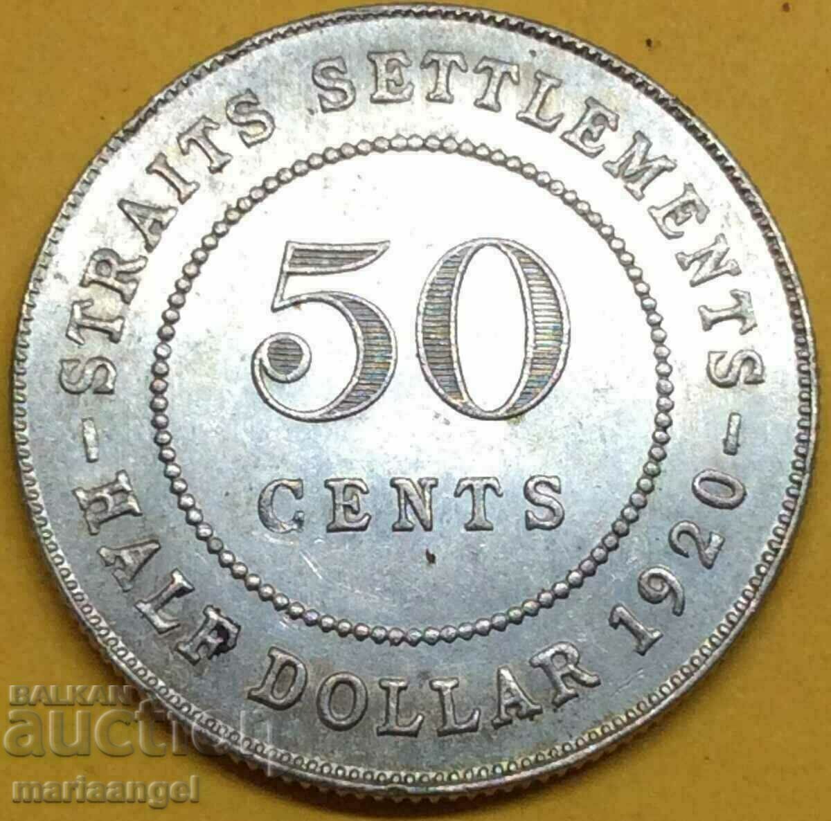 1920 50 Cents 1/2 Dollar Straits Settlements UNC Silver