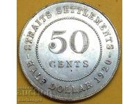 1920 50 Cents 1/2 Dollar Straits Settlements UNC Silver