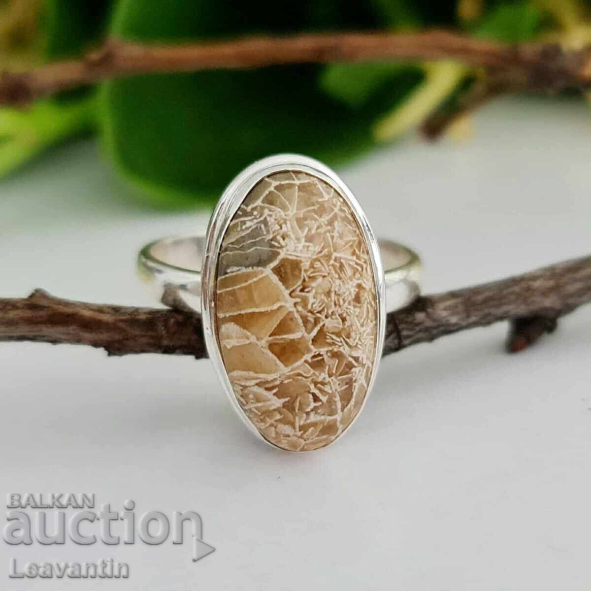 Παράδοση ✨ Ασημένιο δαχτυλίδι με απολιθωμένο κοράλλι Petoskey