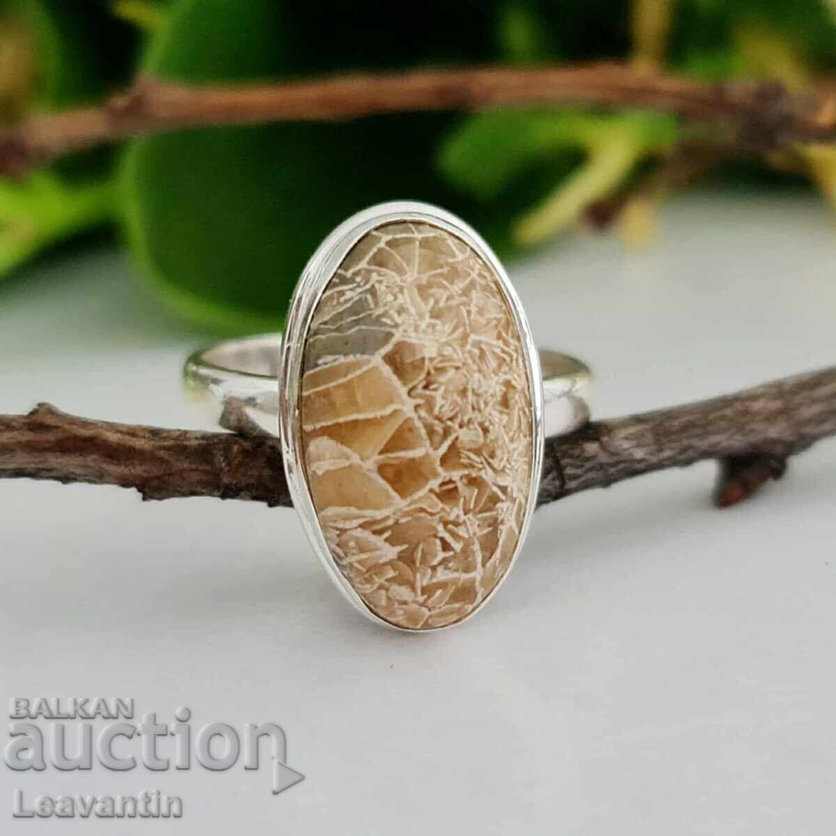 ✨ Ασημένιο δαχτυλίδι με απολιθωμένο κοράλλι Petoskey