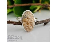 ✨ Ασημένιο δαχτυλίδι με απολιθωμένο κοράλλι Petoskey