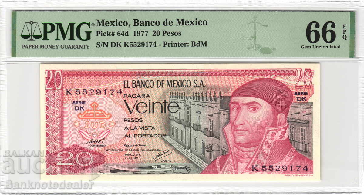 Mexico 20 Pesos 1977 PMG 66 Pick 64d Unc 1