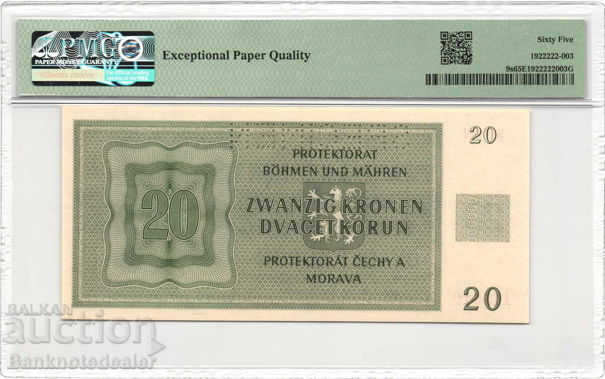 Bohemia & Moravia 20 Korun 1944 Specimen PMG 65 Pick 9s Uncirculated with price 220.00 BGN | € 112.48