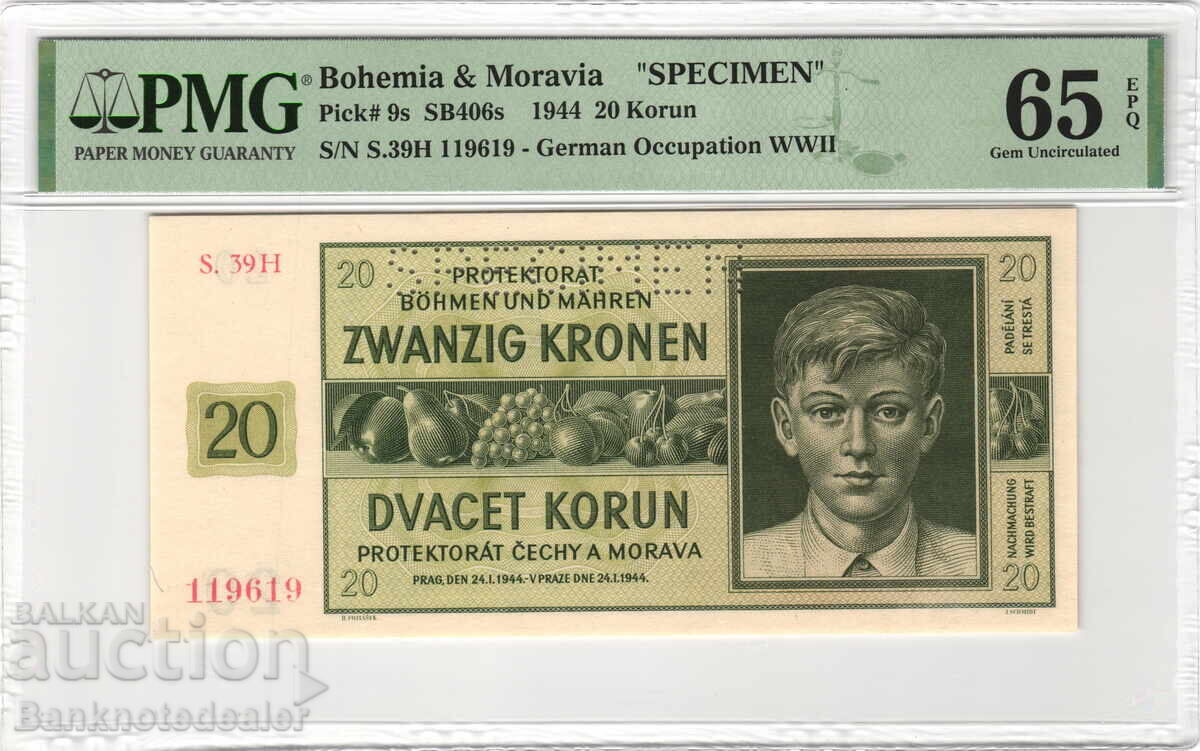 Bohemia & Moravia 20 Korun 1944 Specimen PMG 65 Pick 9s Uncirculated
