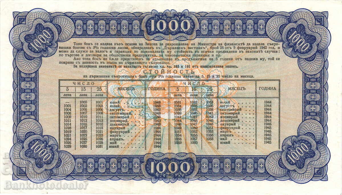 Bulgaria 1000 Leva 1943 Pick 43 Ref 2983