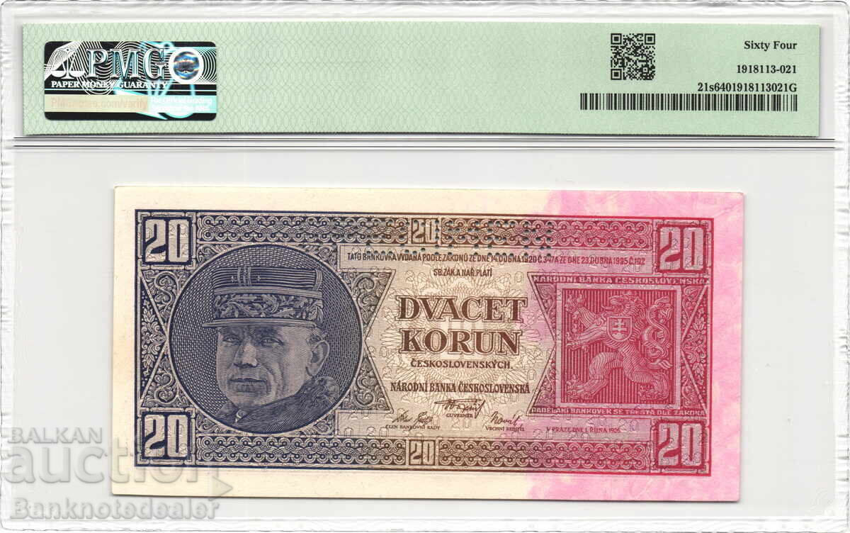 Czechoslovakia 20 Korun 1926 Specimen PMG 64 Pick 21s Unc с цена 200.00 лв. | € 102.26 Czechoslovakia 20 Korun 1926 Specimen PMG 64 Pick 21s Unc с цена 200.00 лв. | € 102.26