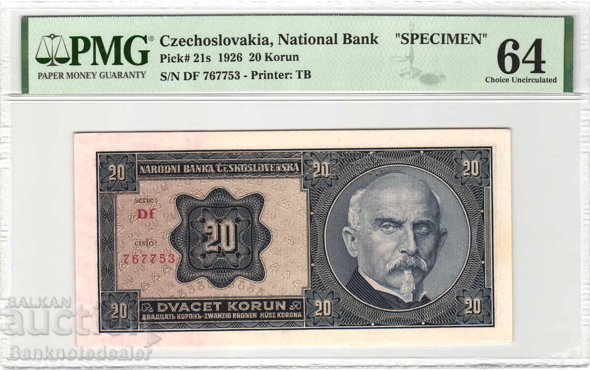 Czechoslovakia 20 Korun 1926 Specimen PMG 64 Pick 21s Unc Czechoslovakia 20 Korun 1926 Specimen PMG 64 Pick 21s Unc