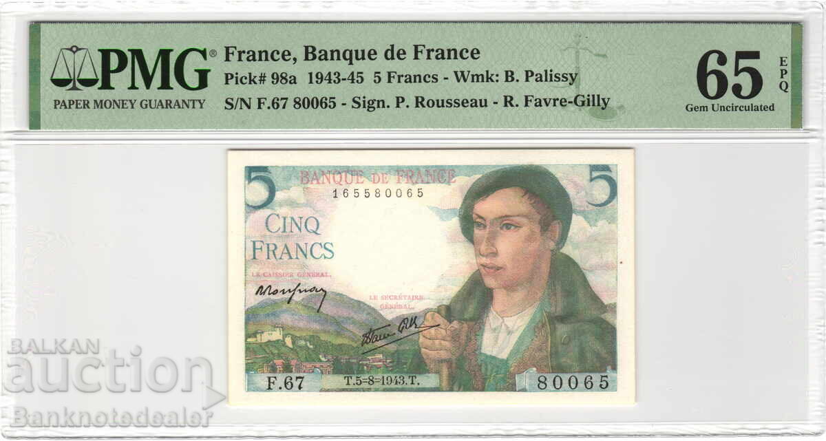France 5 Francs 1943 PMG 65 Pick 98a Uncirculated France 5 Francs 1943 PMG 65 Pick 98a Uncirculated