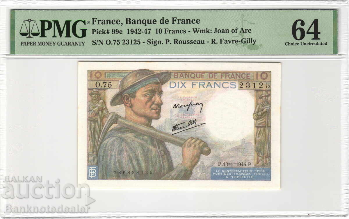 Franța 10 Franci 1944 PMG 64 Pick 99e Unc