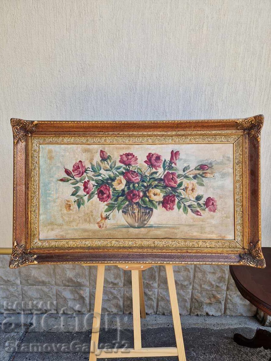 Νεκρή φύση αντίκα μεγάλη ελαιογραφία καμβάς συγγραφέας με τιμή 344.00 BGN | € 175.88