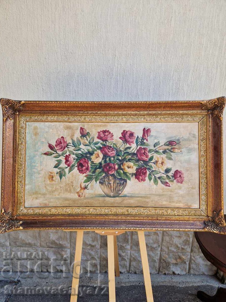 Δημοπρασία Νεκρή φύση αντίκα μεγάλη ελαιογραφία καμβάς συγγραφέας